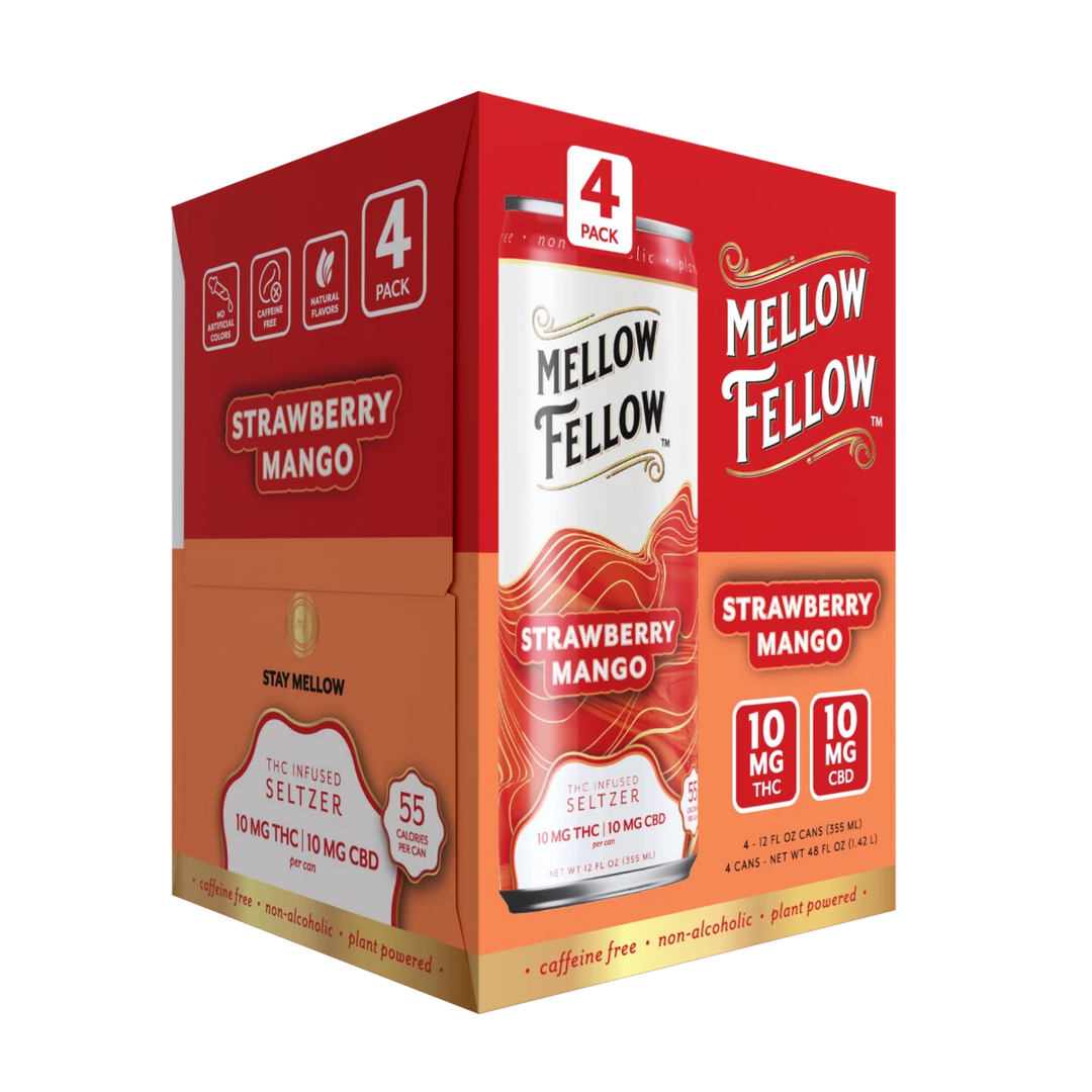 Delta 9 THC + CBD Seltzer Beverage 20MG - Strawberry Mango 4 Pack - Mellow Fellow