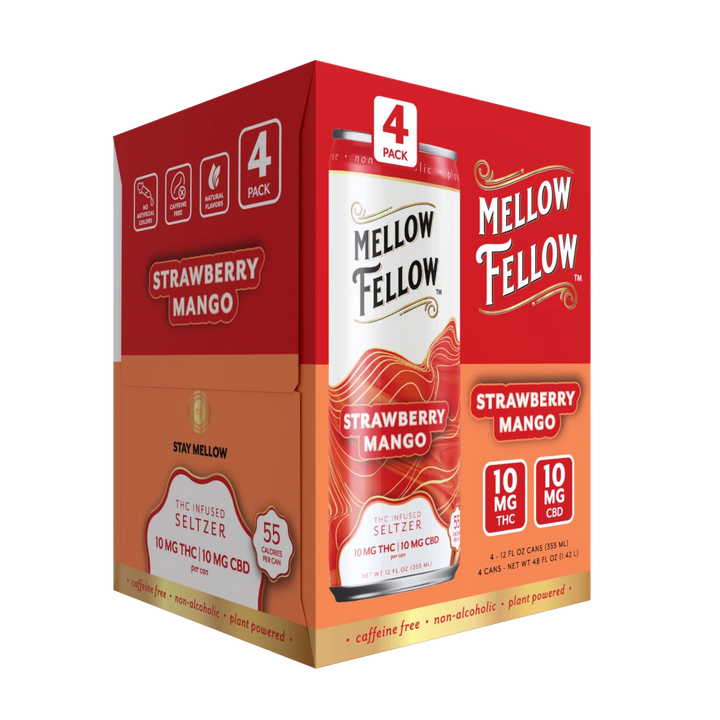 Delta 9 THC + CBD Seltzer Beverage 20MG - Strawberry Mango 4 Pack - Mellow Fellow