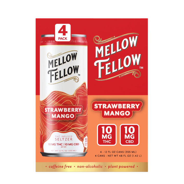 Delta 9 THC + CBD Seltzer Beverage 20MG - Strawberry Mango 4 Pack - Mellow Fellow
