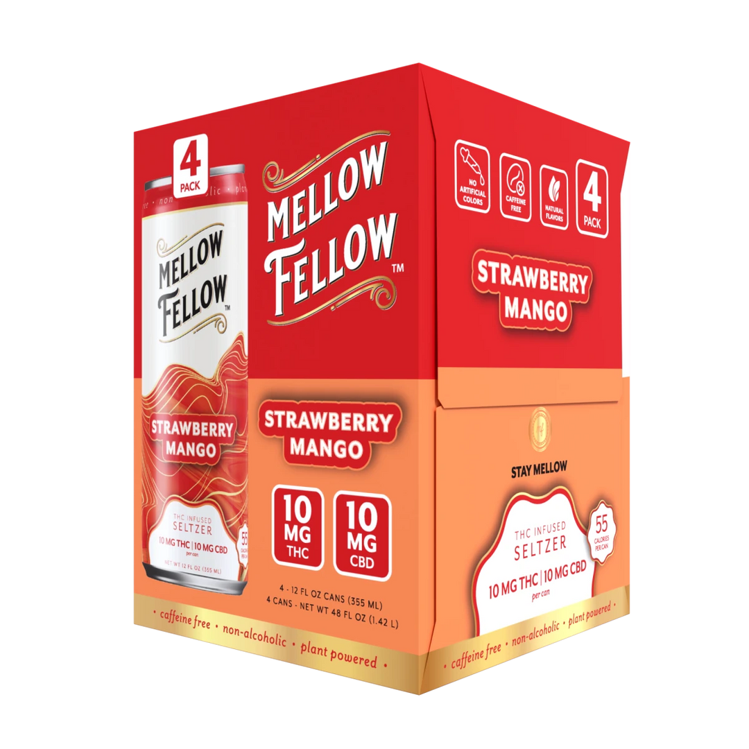 Delta 9 THC + CBD Seltzer Beverage 20MG - Strawberry Mango 4 Pack - Mellow Fellow