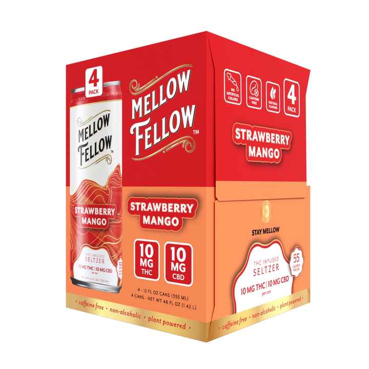Delta 9 THC + CBD Seltzer Beverage 20MG - Strawberry Mango 4 Pack - Mellow Fellow