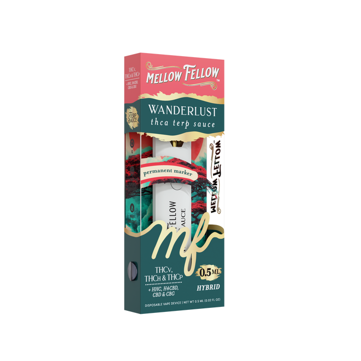 Mellow Fellow Wanderlust thca terp sauce packaging on a white background