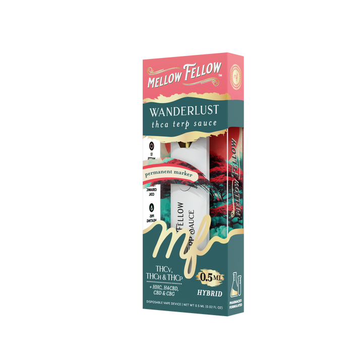Mellow Fellow Wanderlust thca terp sauce packaging on a white background