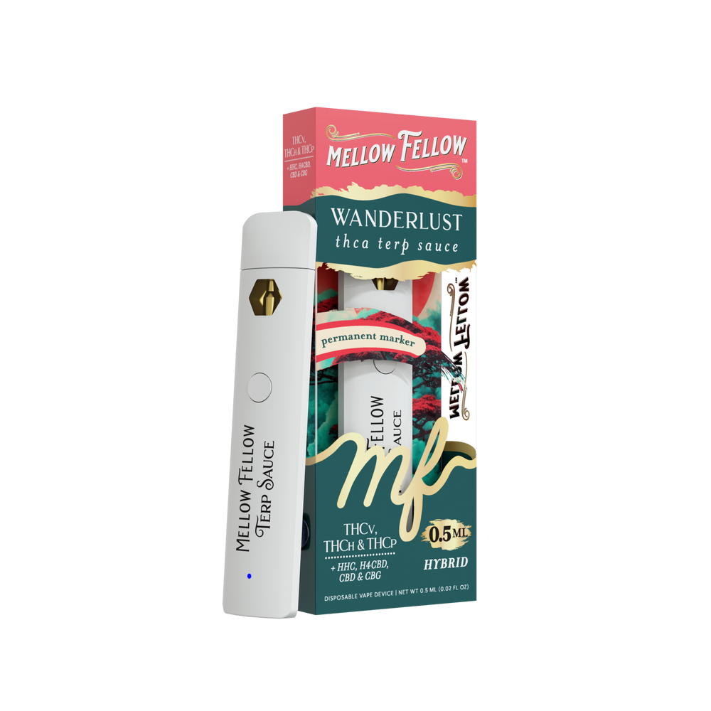 Mellow Fellow Wanderlust thca terp sauce packaging with a white device on a white background