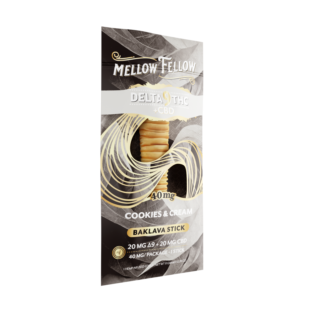 Mellow Fellow Delta 9 THC + CBD cookies & cream baklava stick packaging on a white background
