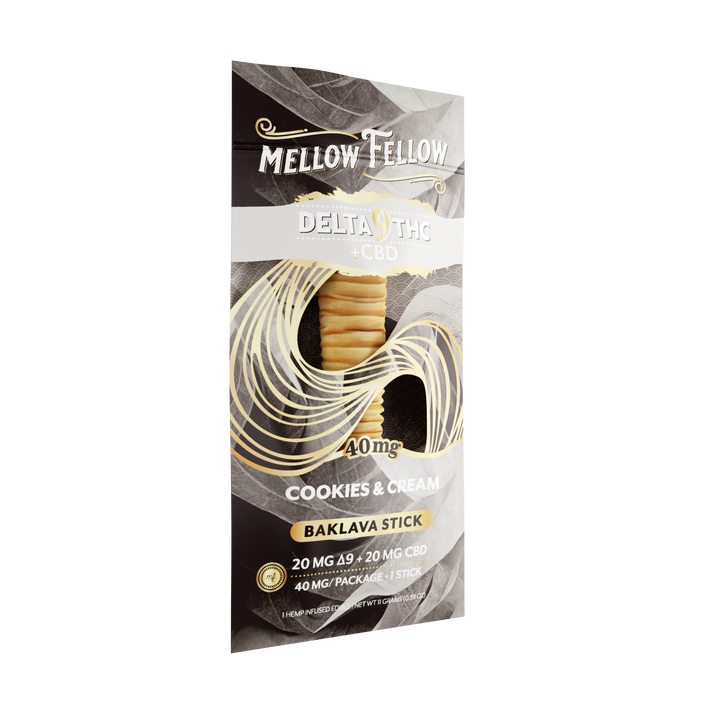 Mellow Fellow Delta 9 THC + CBD cookies & cream baklava stick packaging on a white background