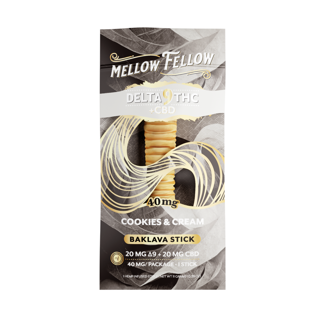 Mellow Fellow Delta 9 THC + CBD cookies & cream baklava stick packaging on a white background