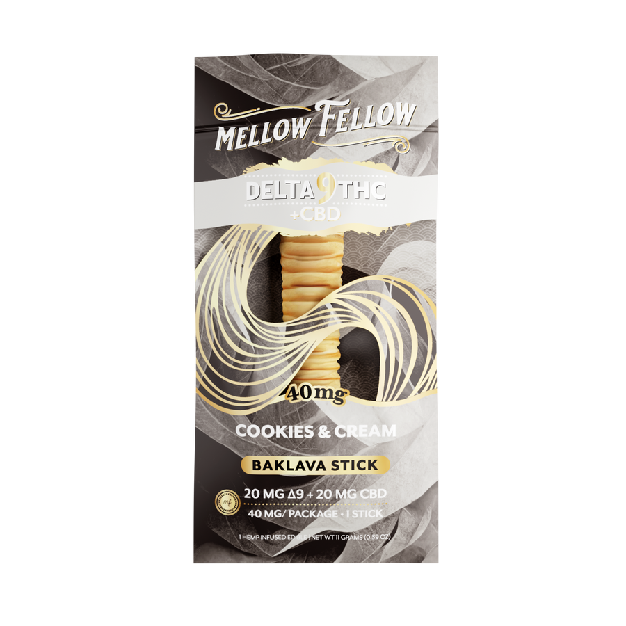 Mellow Fellow Delta 9 THC + CBD cookies & cream baklava stick packaging on a white background