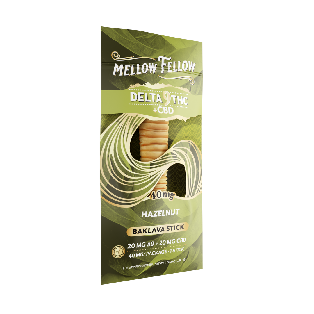 Mellow Fellow Delta 8 THC + CBD Hazelnut Baklava Stick packaging on a white background