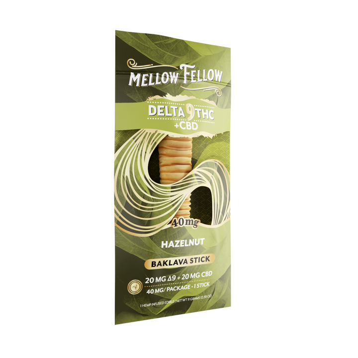 Mellow Fellow Delta 8 THC + CBD Hazelnut Baklava Stick packaging on a white background