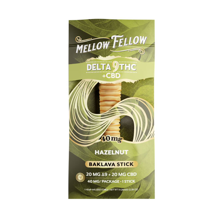 Mellow Fellow Delta 9 THC + CBD Hazelnut Baklava Stick packaging on a white background