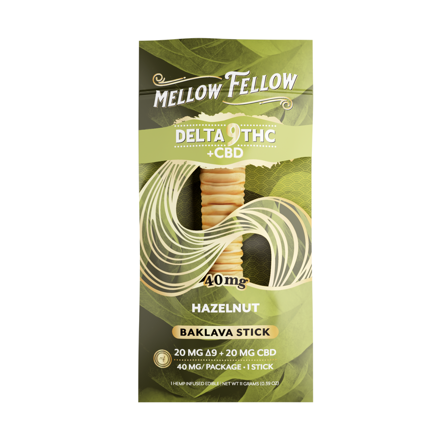 Mellow Fellow Delta 9 THC + CBD Hazelnut Baklava Stick packaging on a white background