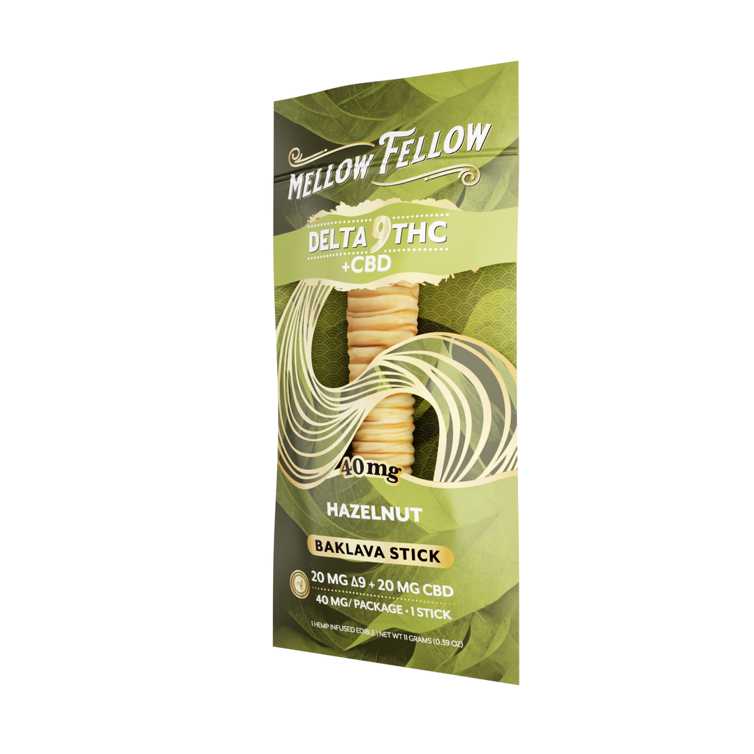 Mellow Fellow Delta 8 THC + CBD Hazelnut Baklava Stick packaging on a white background
