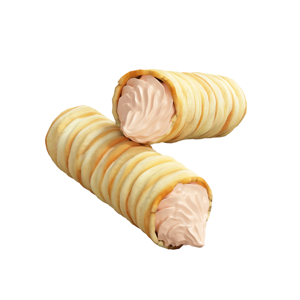 Two shell-shaped pastries with cream filling on a white background