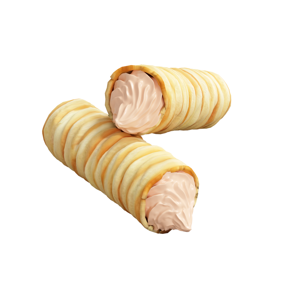 Two shell-shaped pastries with cream filling on a white background