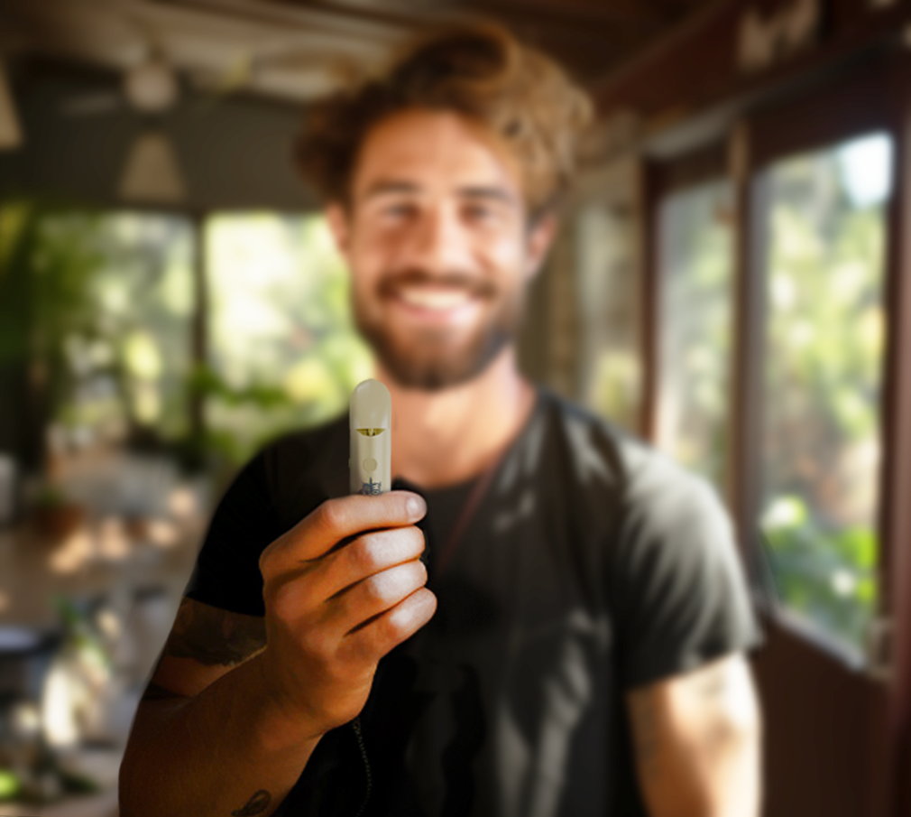 A smiling man holds up a small white cylindrical object indoors. The background is softly blurred, showing hints of greenery and wooden details.