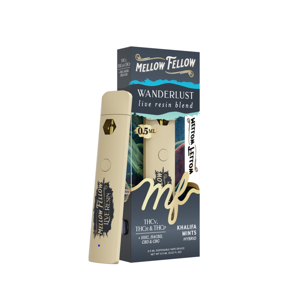 Mellow Fellow Wanderlust live resin blend vape pen packaging on a white background