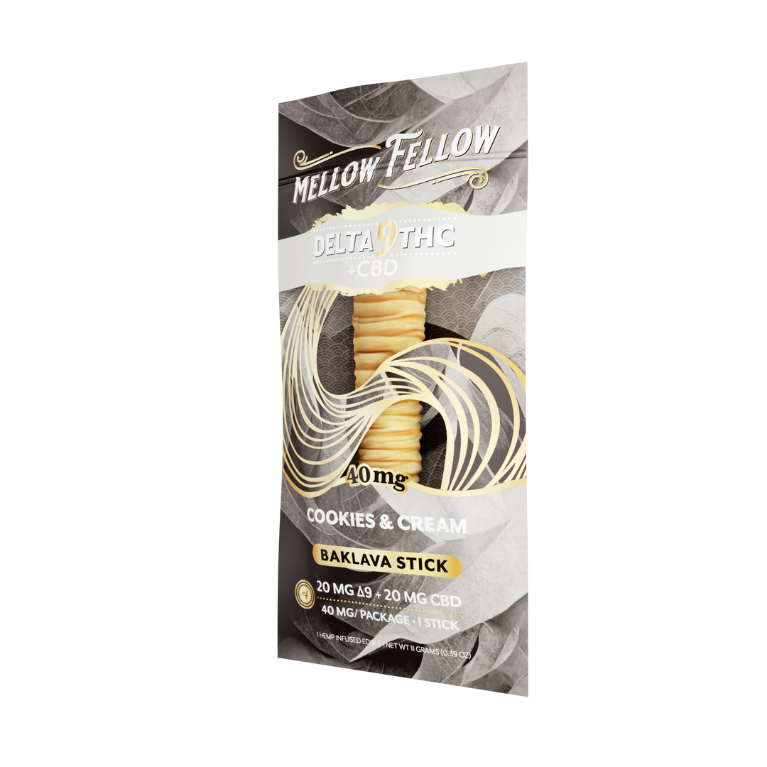 Mellow Fellow Delta 9 THC + CBD cookies & cream baklava stick packaging on a white background