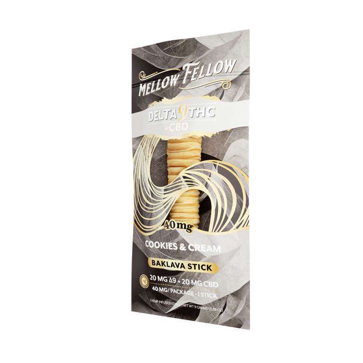 Mellow Fellow Delta 9 THC + CBD cookies & cream baklava stick packaging on a white background