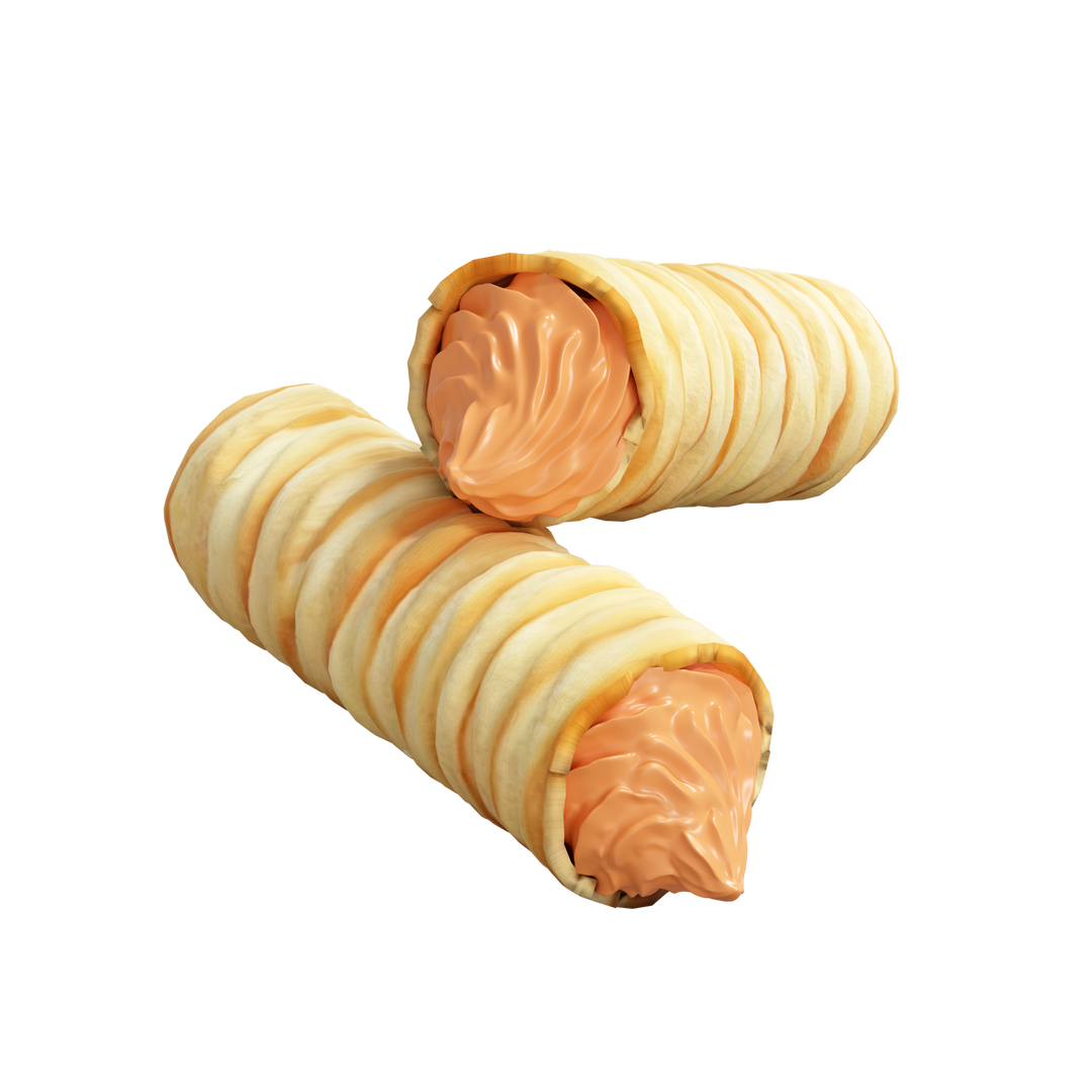 Two pastries with a filling on a white background