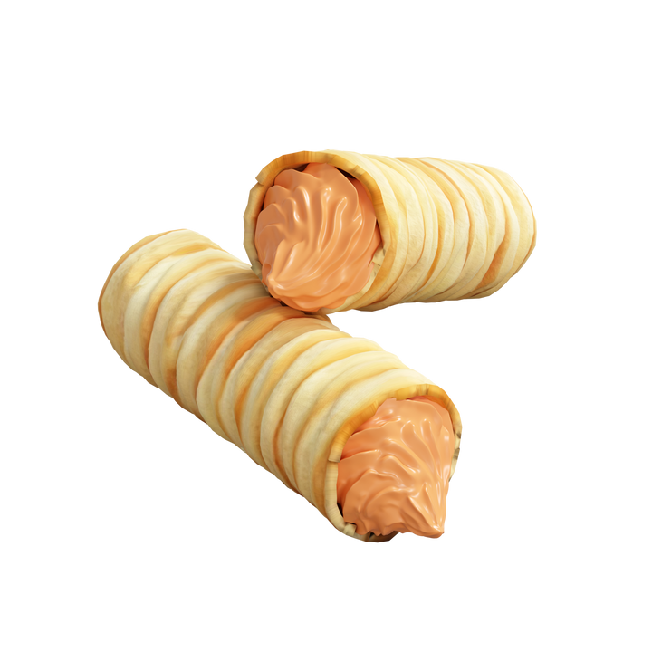 Two pastries with a filling on a white background