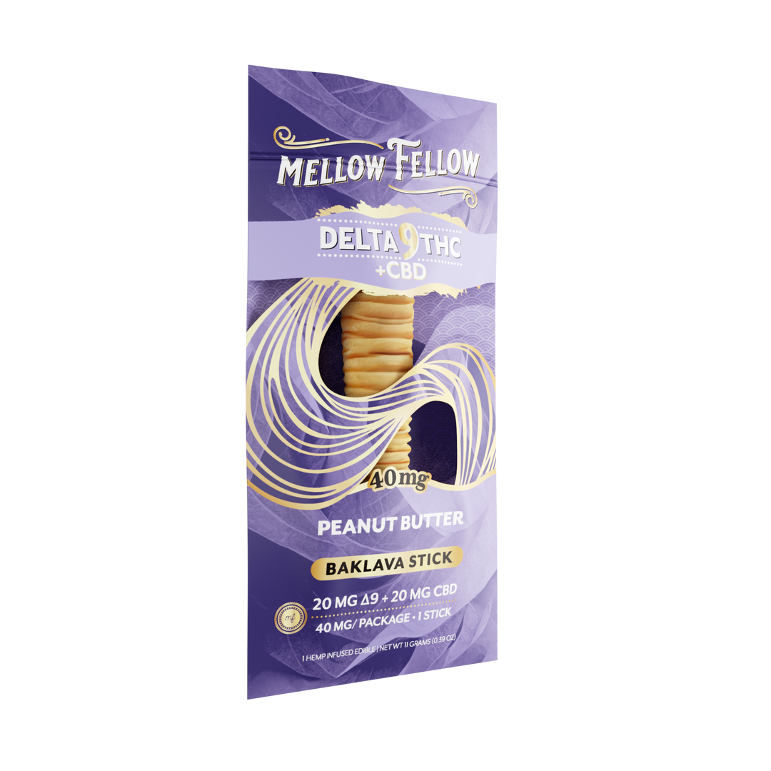 Mellow Fellow Delta 8 THC + CBD peanut butter baklava stick packaging on a white background