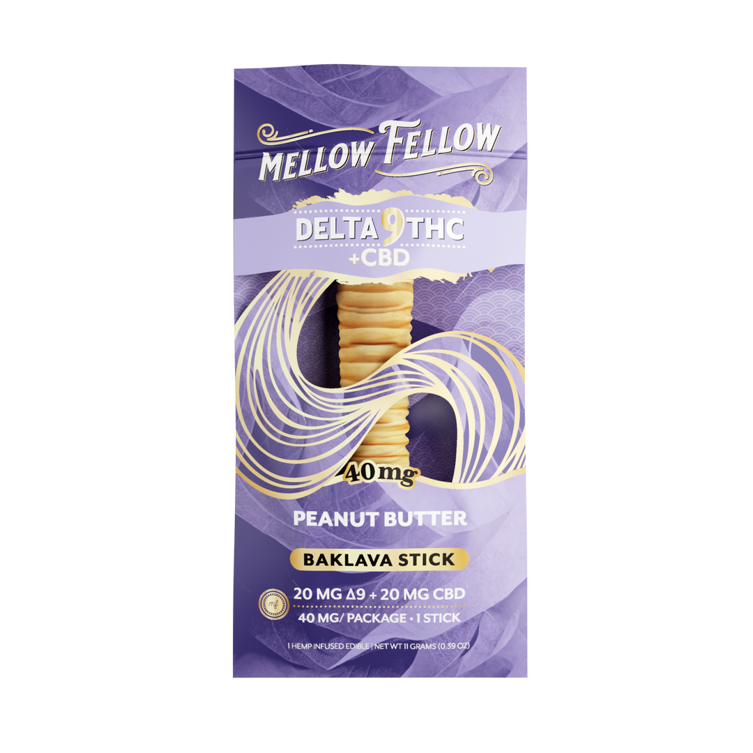 Mellow Fellow Delta 9 THC + CBD Peanut Butter Baklava Stick packaging on a white background