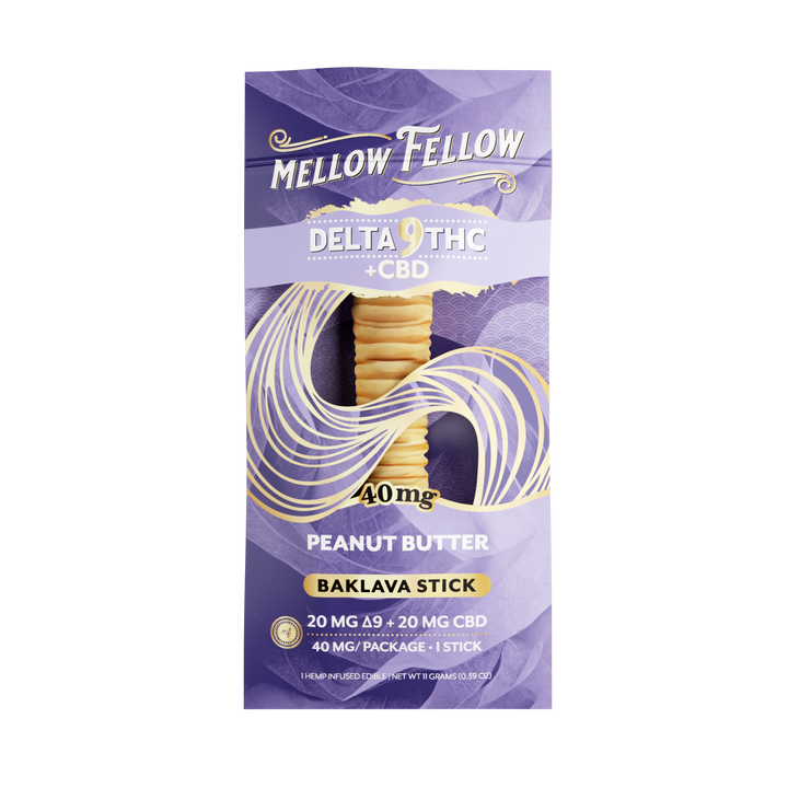 Mellow Fellow Delta 9 THC + CBD Peanut Butter Baklava Stick packaging on a white background