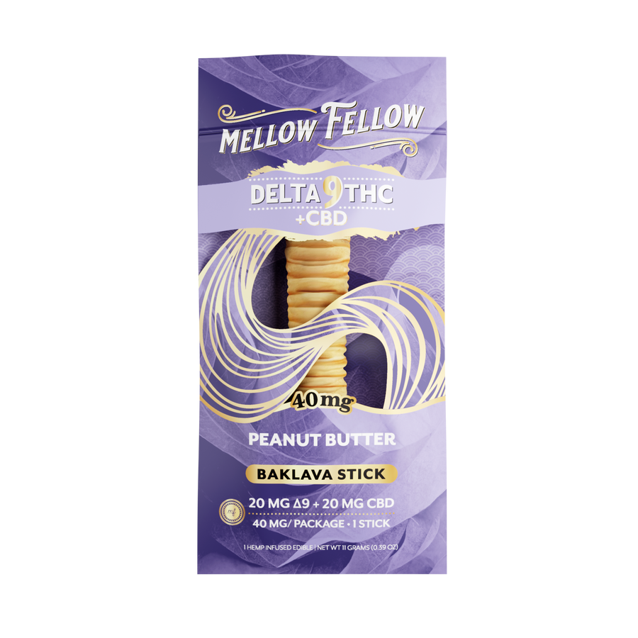 Mellow Fellow Delta 9 THC + CBD Peanut Butter Baklava Stick packaging on a white background