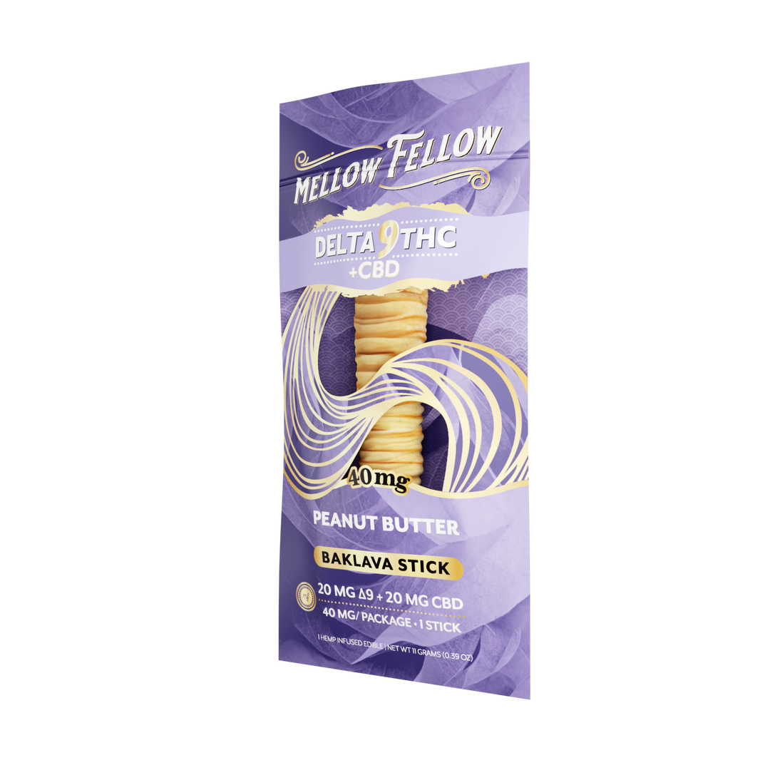 Mellow Fellow Delta 8 THC + CBD Peanut Butter Baklava Stick packaging on a white background