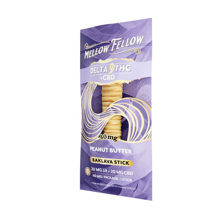 Mellow Fellow Delta 8 THC + CBD Peanut Butter Baklava Stick packaging on a white background