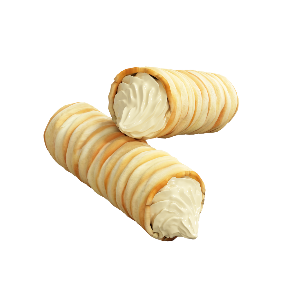 Two cream-filled pastries on a white background