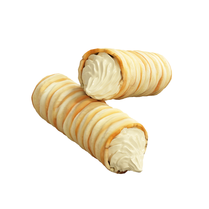 Two cream-filled pastries on a white background