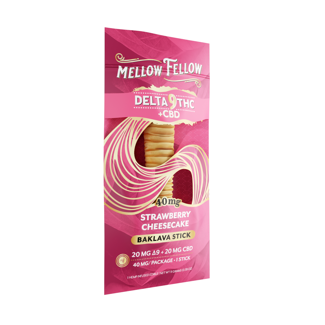 Pink package of Mellow Fellow Delta 8 THC + CBD Strawberry Cheesecake Baklava Stick on a white background