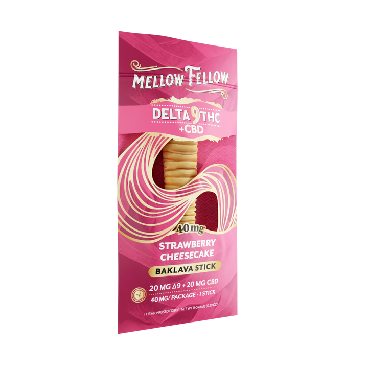 Pink package of Mellow Fellow Delta 8 THC + CBD Strawberry Cheesecake Baklava Stick on a white background