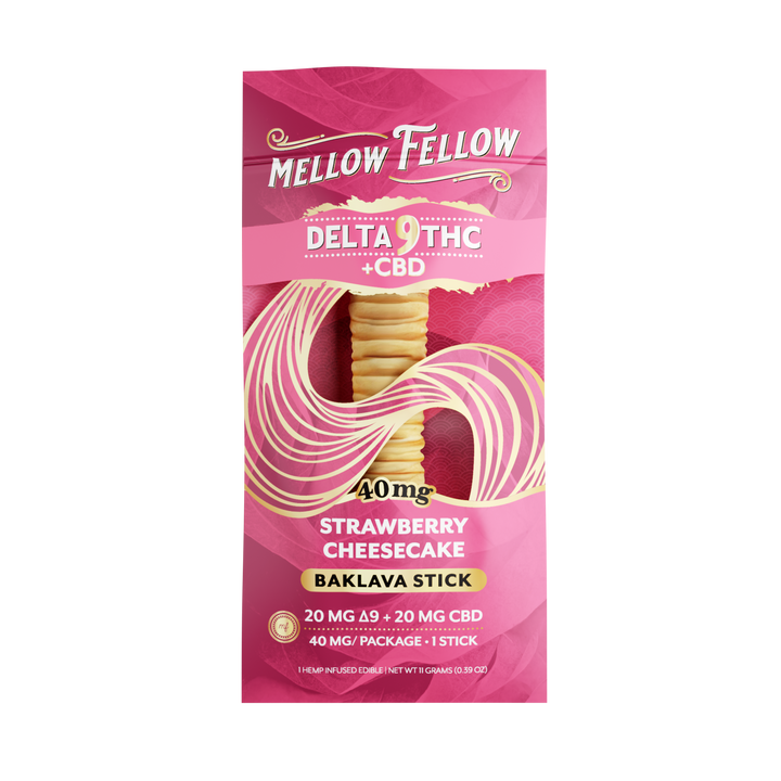 Mellow Fellow Delta 9 THC + CBD Strawberry Cheesecake Baklava Stick packaging on a white background