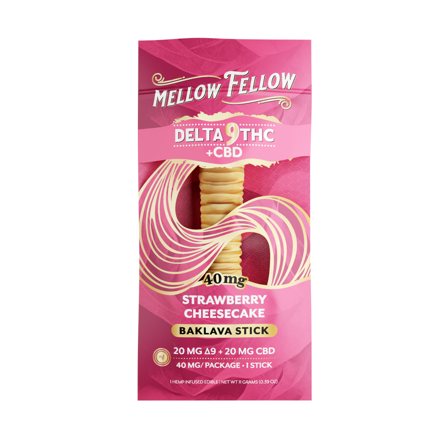 Mellow Fellow Delta 9 THC + CBD Strawberry Cheesecake Baklava Stick packaging on a white background