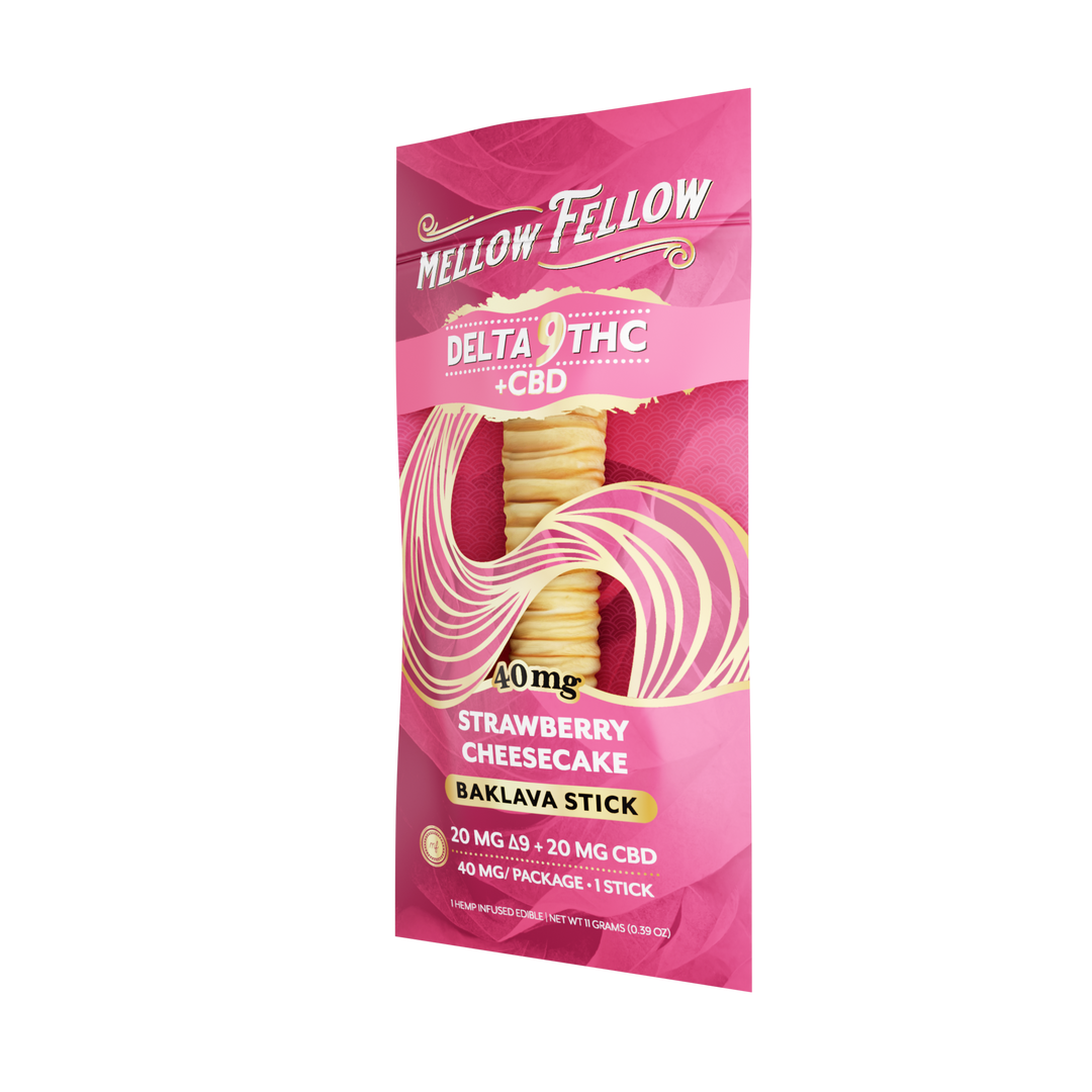 Pink packaging of Mellow Fellow Delta 9 THC + CBD Strawberry Cheesecake Baklava Stick on a white background