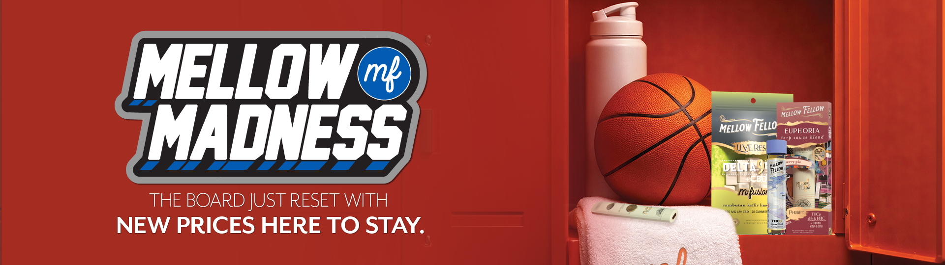 Promotional banner for 'Mellow Madness' with basketball, water bottle, and snacks on a red background.