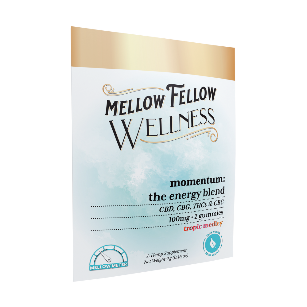 Mellow Fellow Wellness Momentum Blend - The Energy Blend. CBD + CBG + THCv + CBC 100mg. Two gummies in Tropic Medley flavor.