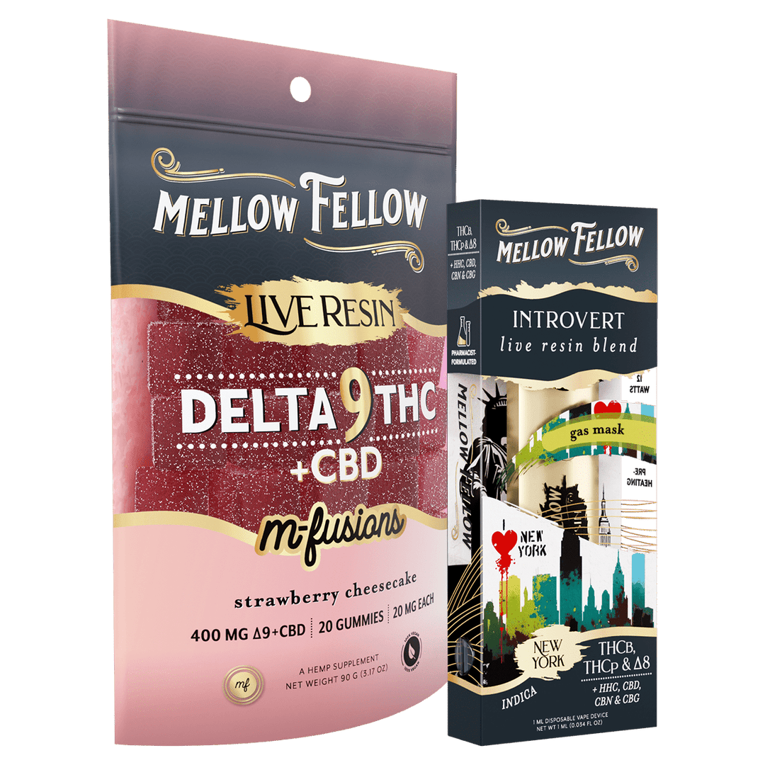 The NYC Bundle: Strawberry Cheesecake Delta 9 Live Resin Edibles / Introvert Blend (Gas Mask) 1ml Live Resin Disposable Vape - Mellow Fellow