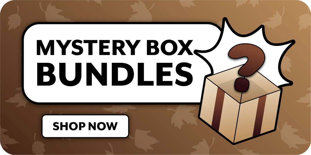 A graphic with the text "Mystery Box Bundles" featuring a cardboard box with a large question mark. The background is brown with leaf patterns. A "Shop Now" button is at the bottom.