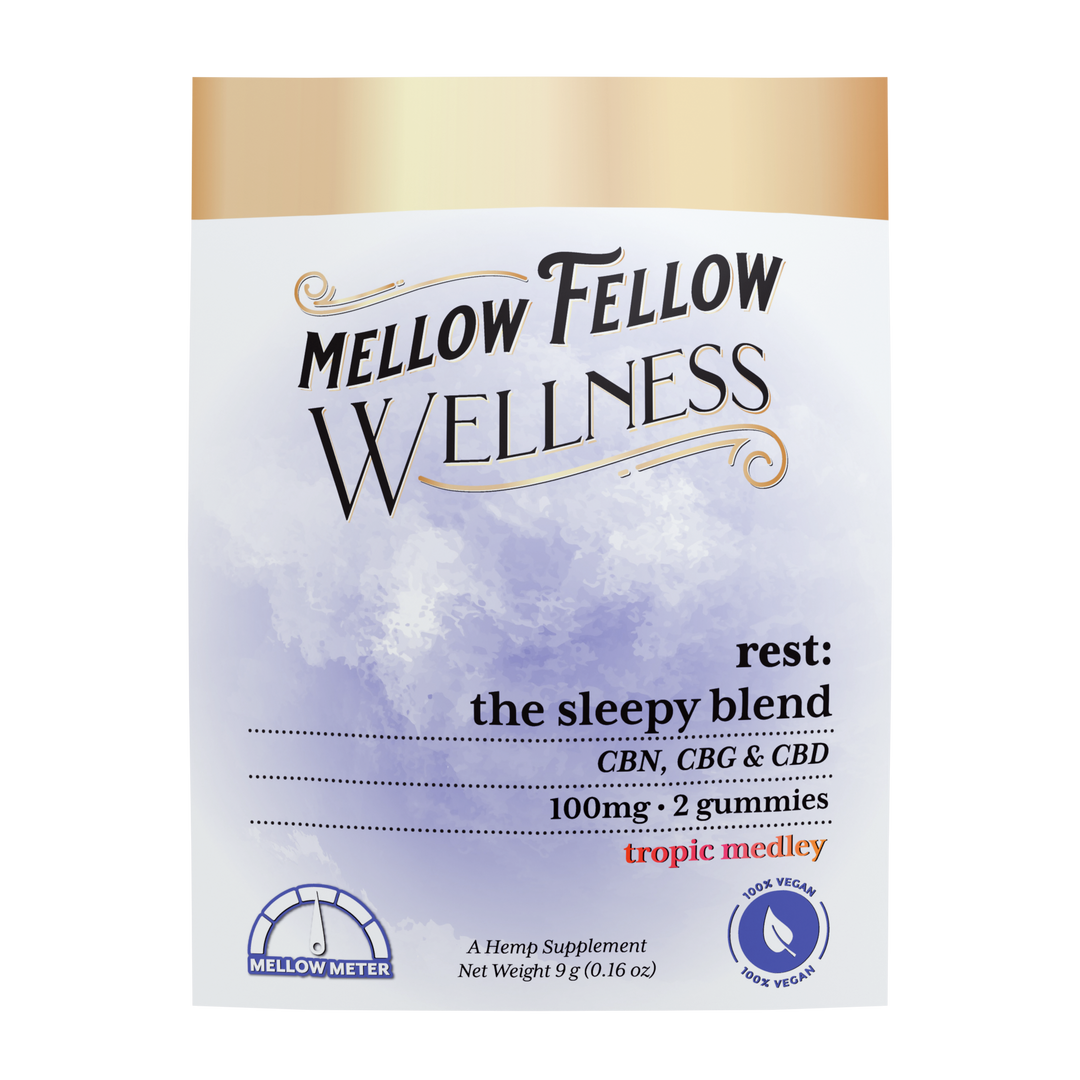 Mellow Fellow Wellness Rest Blend - The Sleepy Blend. CBN + CBG + CBD 100mg. Two gummies in Tropic Medley flavor.