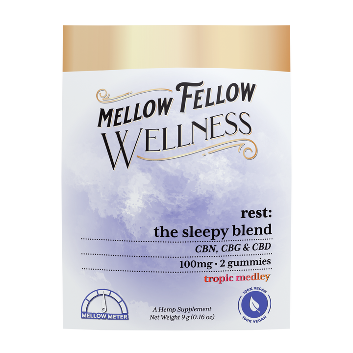 Mellow Fellow Wellness Rest Blend - The Sleepy Blend. CBN + CBG + CBD 100mg. Two gummies in Tropic Medley flavor.