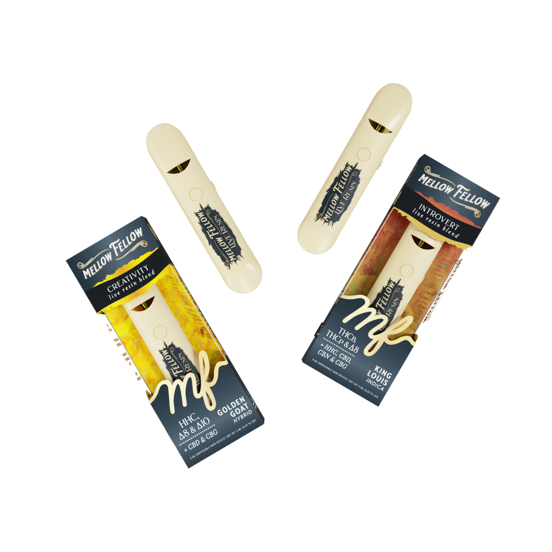 Creativity (Golden Goat) & Introvert (King Louis) 2ml Live Resin Disposable Vape Day/Night Bundle (Hybrid/Indica) - Mellow Fellow