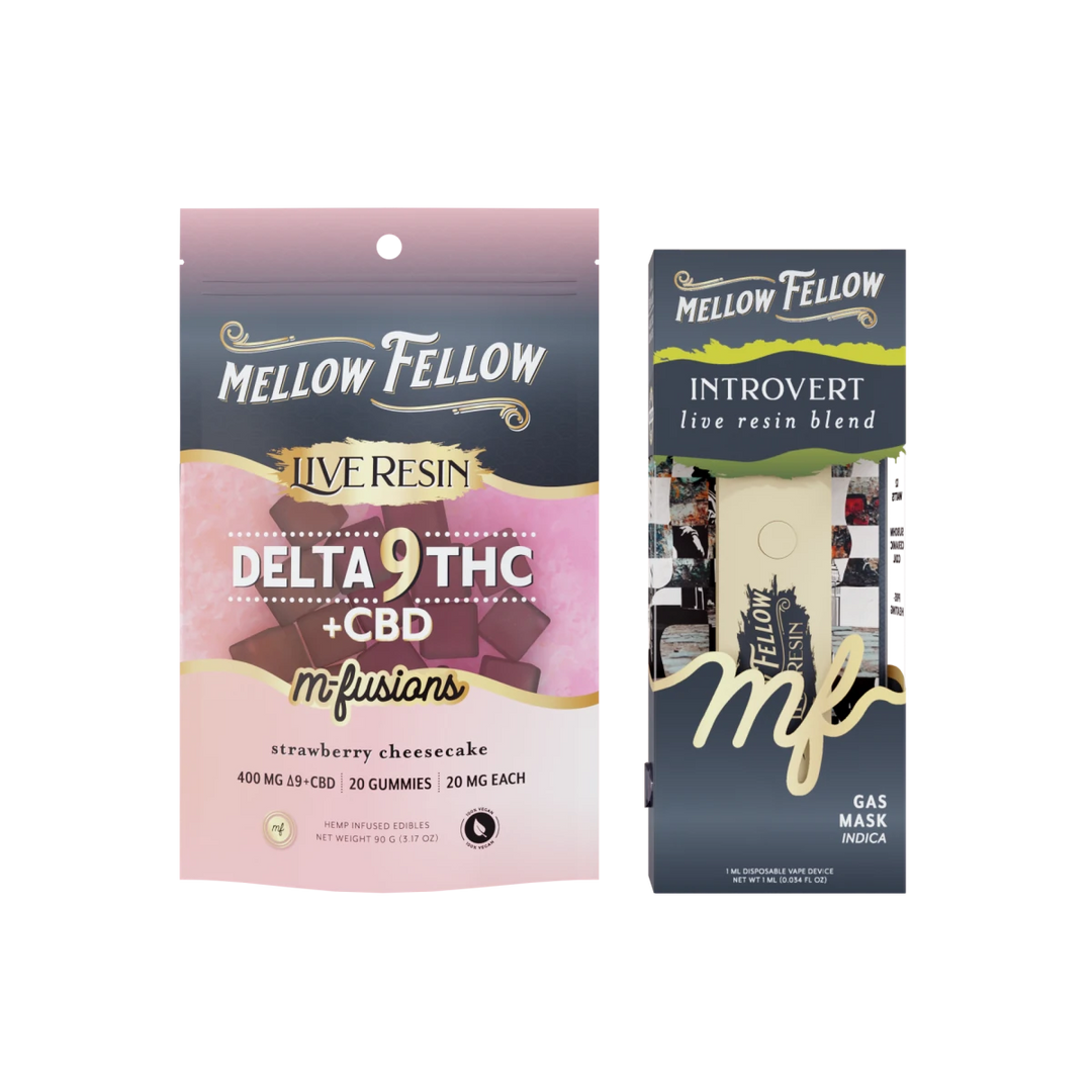 The NYC Bundle: Strawberry Cheesecake Delta 9 Live Resin Edibles / Introvert Blend (Gas Mask) 1ml Live Resin Disposable Vape - Mellow Fellow