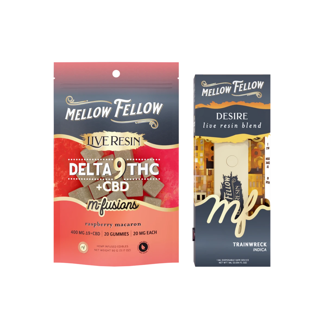 The Paris Bundle: Raspberry Macaron Delta 9 Live Resin Edibles / Desire Blend (Trainwreck) 1ml Live Resin Disposable Vape - Mellow Fellow