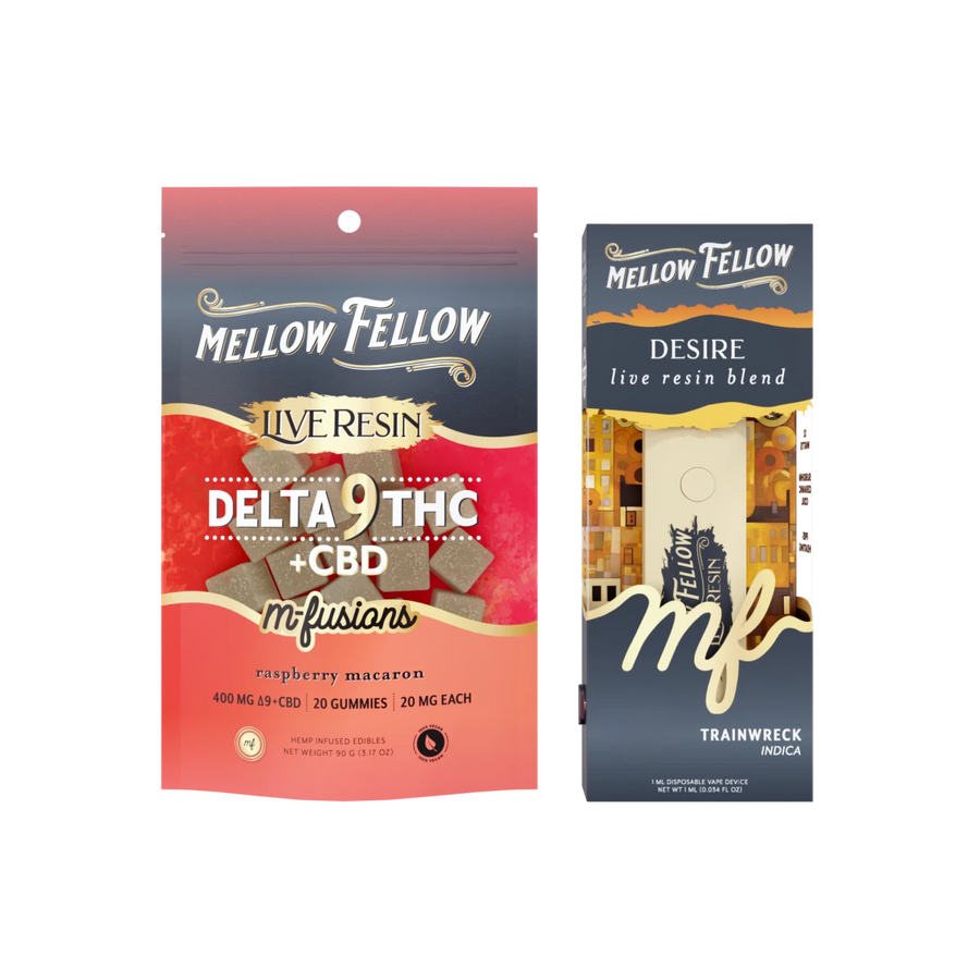 The Paris Bundle: Raspberry Macaron Delta 9 Live Resin Edibles / Desire Blend (Trainwreck) 1ml Live Resin Disposable Vape - Mellow Fellow