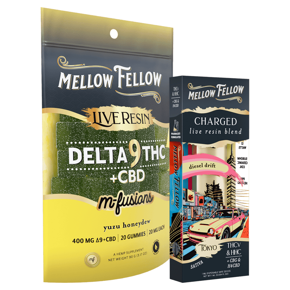 The Tokyo Bundle: Yuzu Honeydew Delta 9 Live Resin Edibles / Charged Blend (Diesel Drift) 1ml Live Resin Disposable Vape - Mellow Fellow