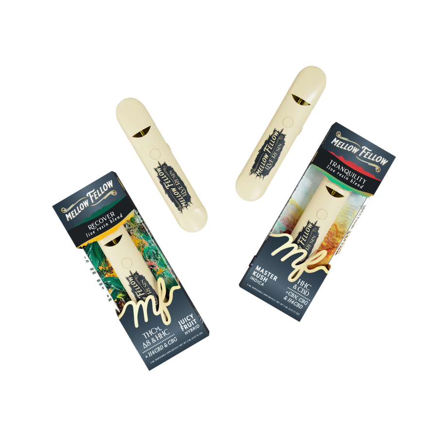 The Zen Bundle - Recover Juicy Fruit (Hybrid) and Tranquility Master Kush (Indica) - 2 Pk 2ml Live Resin Disposable Vapes - Mellow Fellow